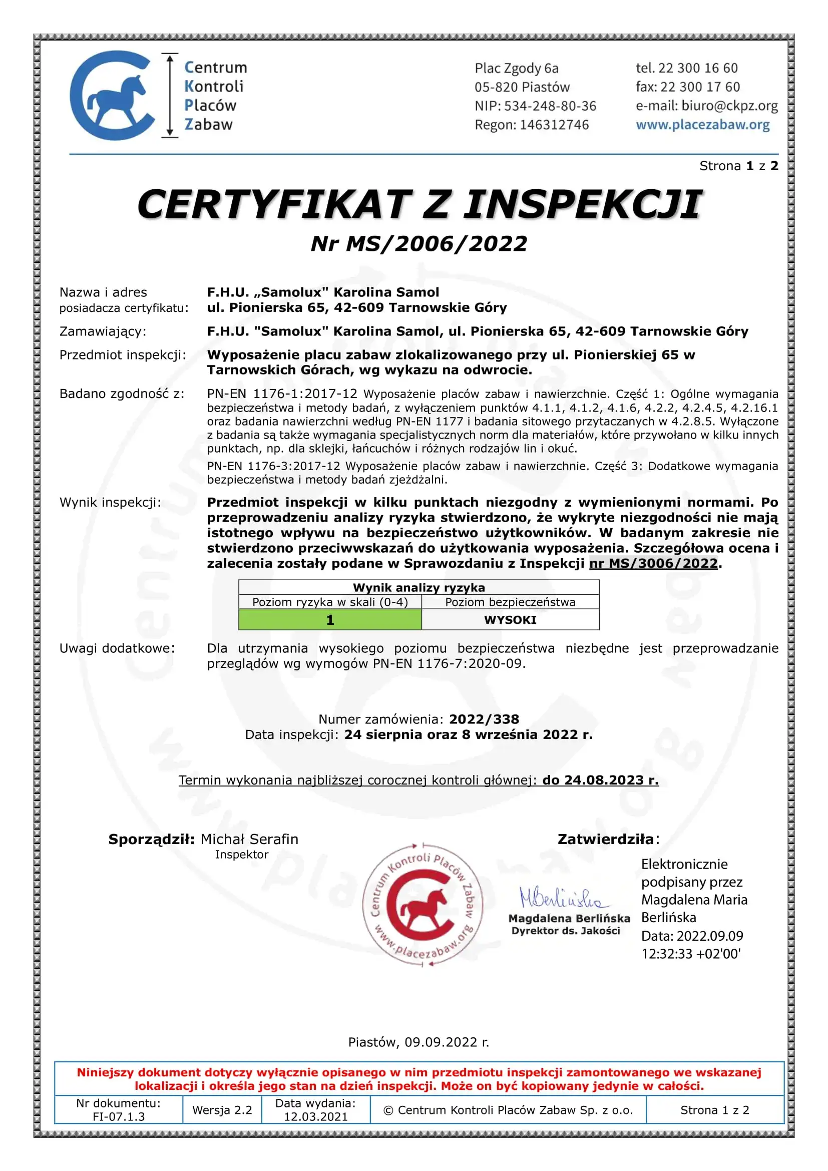 Certyfikat z inspekcji - Ferricudina